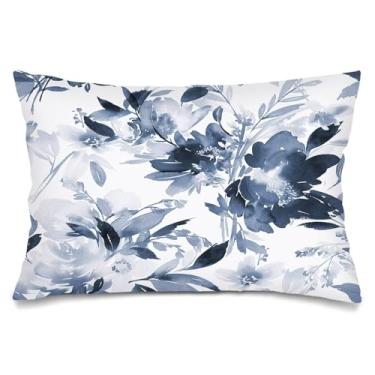 Imagem de Capas de almofada floral azul e branca 50,8 x 76,6 cm, capas de almofada de flores em aquarela azul-marinho tamanho queen com fecho de envelope, capa de almofada floral boho decorativa para cama