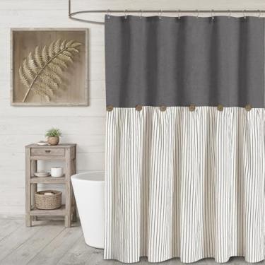 Imagem de XOGUIBO Cortina de chuveiro Farmhouse linho cinza botão tecido country rústico ocidental, listrado cinza plissado 183 cm L x 183 cm C