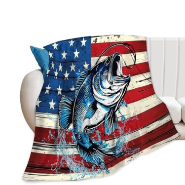 Imagem de Cobertor de peixe robalo, bandeira americana, cobertores, presentes para meninas, meninos, crianças, amantes de pesca, pelúcia macia e aconchegante de lã para sofá, cama, 127 x 101 cm