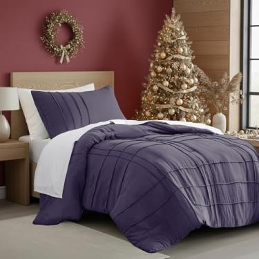 Imagem de Conjunto de edredom solteiro com pregas de beliscar, conjunto de cama de 2 peças com padrão quadriculado, microfibra pré-lavada, leve e fofo, azul skipper para todas as estações, inclui 1 fronha