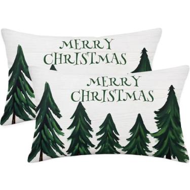 Imagem de Conjunto de 2 capas de almofada de Natal 30 x 50 cm, capas de almofada lombar, design de pinheiro verde estampado de dupla face, fronhas decorativas com citação de feliz Natal para sofá