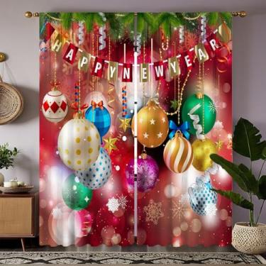 Imagem de Cortinas de Natal vermelhas, cortinas natalinas com ornamentos e estrelas multicoloridas, painéis decorativos de janela para sala de estar quarto e festa, 2 painéis 53 x 113 cm