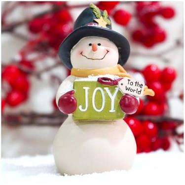 Imagem de PlentifulHome Caixa de presente de boneco de neve segurando alegria – Decoração de Natal de resina de 11 cm de altura para exibição interna, lindo enfeite de boneco de neve de mesa para decoração de