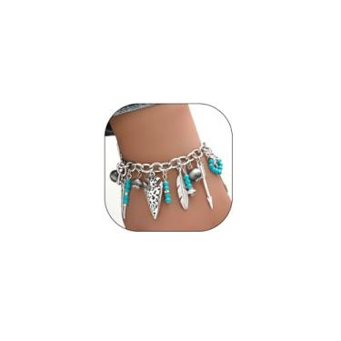 Imagem de Navirix Pulseira Boho Turquesa com Contas de Couro Western Cowgirl Pulseira Feminina Gravada Folha Elefante Cabeça de Boi Pulseira Pulseira Cowboy Country Acessório, Medium, Liga de aço, Sem Pedra
