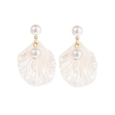 Imagem de Brincos de pérola de concha para mulheres, brincos pendentes de pérola de camada dupla, acrílico leve, brinco de concha do mar, lindo brinco de pérola de praia, acessório de bijuteria de fantasia de