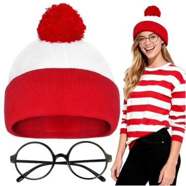 Imagem de Sofeavo Conjunto de chapéu vermelho e branco e óculos pretos (sem lente), fantasia de Halloween para mulheres, homens e adultos, gorro de malha com pompons, personagem de livro, cosplay e adereços de