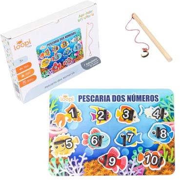 Imagem de Pescaria dos Números em Madeira | Jogo Educativo com 1 Tabuleiro, 1 Vara e 10 Peixes Numerados | Estimula a Coordenação Motora e educação ambiental | Para Crianças 3+ Anos