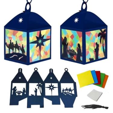 Imagem de Jengaer 16 Sets Christmas Nativity Crafts Tissue Paper Sign Lanterns Craft Kits Make Your Own Suncatchers Hanging Ornament DIY Supplies for Christmas Home Activity Sunday School Crafts(Blue)