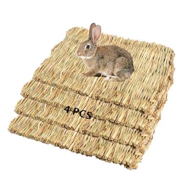 Imagem de PINVNBY Pacote com 4 tapetes de grama para coelhos, tapete de feno de coelho natural de 28 x 21 cm, palha grande de porquinho-da-índia, tecido à mão, tapete mastigável e refrescante - brinquedo de