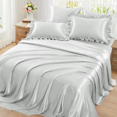 Imagem de Homiest Jogo de lençol casal de cetim com babados, 6 peças, cinza claro com bolso profundo de 38 cm, 1 lençol de cima, 2 fronhas com babados e 2 fronhas, semelhante a lençóis de seda