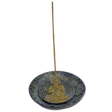Imagem de Incensário Prato Buda Cor Pedra Com Dourado 12 Cm Em Resina - Lua Míst