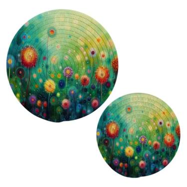 Imagem de Blueangle 2 peças de suporte de panela para pintura de flores coloridas - conjunto de pegadores de panela de tecido redondo - almofadas quentes trançadas de algodão - porta-copos - tapetes de mesa