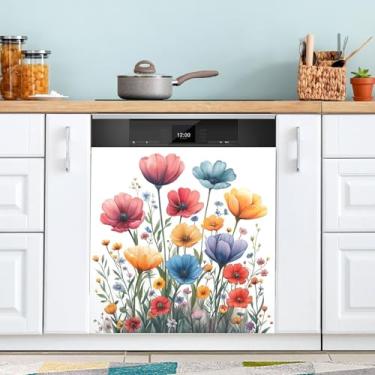 Imagem de ATTX Capa magnética de aquarela flores de jardim para lava-louças, 58,4 cm C x 66 cm A, decoração da capa da máquina de lavar louça, decalques de armário doméstico e eletrodomésticos adesivos #205