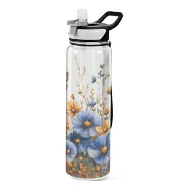Imagem de ATTX Garrafa de água Blue Wildflowers, 947 ml, à prova de vazamento e livre de BPA, garrafas de água reutilizáveis de plástico Tritan para viagens, academia, corrida, fitness #351