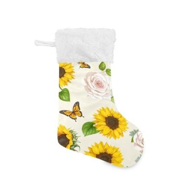 Imagem de GakkiGii Pacote com 2 meias de Natal de borboletas e girassóis, decoração grande para pendurar na parede da árvore da lareira, 45 x 31 cm