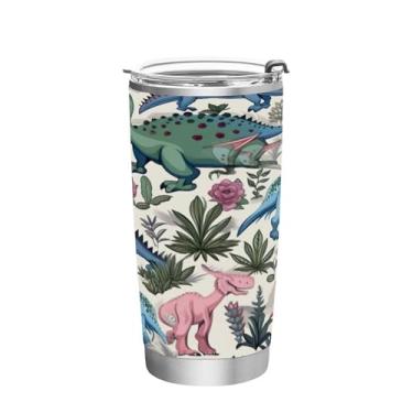 Imagem de Blueangle Copo de 590 ml com tampa e canudo, copo de café com água isolada a vácuo de aço inoxidável, caneca de viagem de dinossauro colorido, copo térmico para bebidas quentes e frias (944)
