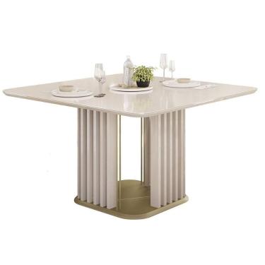 Imagem de Mesa De Sala Jantar Melissa C/ Tampo Madeirado C/ Vidro Curvo 136x136cm Off White/off White - Dj Móveis