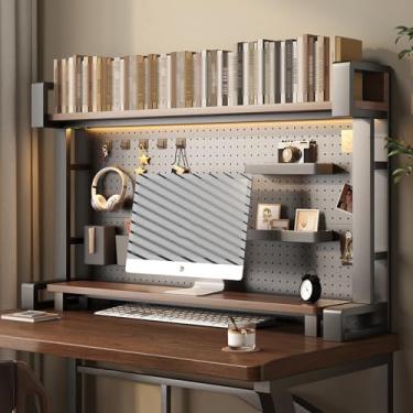 Imagem de Yadlan Estante organizadora de mesa de computador de 2 níveis, prateleira organizadora de mesa de metal e madeira com quadro de pegboard, pequeno rack independente para jogos, estudo e exibição, para