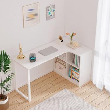 Imagem de Mesa infantil em forma de L com armazenamento, mesa de canto para crianças em pequenos espaços, mesa de estudo e mesa de escrita, canto em forma de L, mesa de trabalho para laptop, branca, 140 cm
