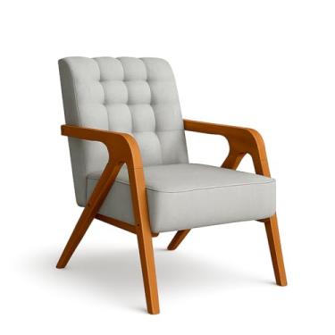 Imagem de Poltrona Cadeira Decorativa Estofada Linho Premium Pés Madeira Maciça para Sala de Estar Escritório e Recepção Confortável (Cinza Claro)