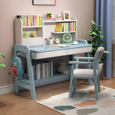 Imagem de Mesa infantil com prateleiras e armazenamento com pernas, mesa de estudo com gaiola e gaveta para quarto, mesa infantil ajustável em altura para todas as crianças com gaiola e 2 gavetas azul 100 cm