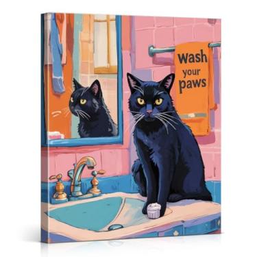Imagem de Impressão de arte de parede engraçada de gato moderno para banheiro Wash Your Paws Cat Poster Picture Colorido Decoração de parede para banheiro banheiro 20 x 25 tela emoldurada