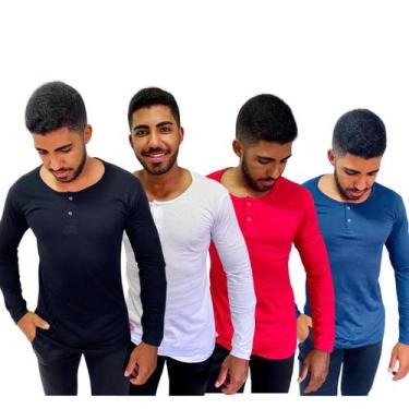 Imagem de Kit 4 Camisas Henley Manga Longa Masculina Slim Malha Premium Algodão 