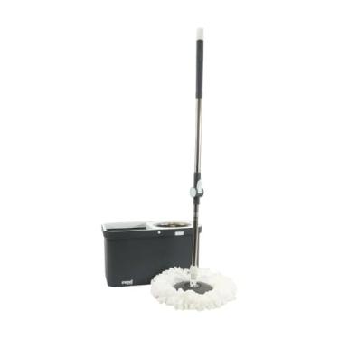 Imagem de Mop Rotatório Retangular Mood com Balde 20L Inox e 1 Refil – Cinza/Branco, Cabo Ajustável e Escoamento Fácil