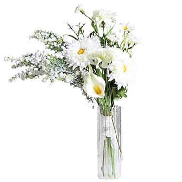 Imagem de LMJYU Flores artificiais, crisântemo, flor artificial, vaso de vidro portátil, buquê de casamento de eucalipto, adequado para varanda, hotel, entrada, decoração, flores,