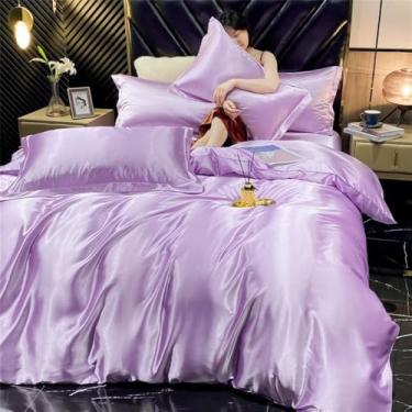 Imagem de XLCZMYL Jogo de cama de seda de rayon sólido com capa de edredom fronhas de luxo king casal casal casal cetim fronha, roxo taro, tamanho Queen 3 peças