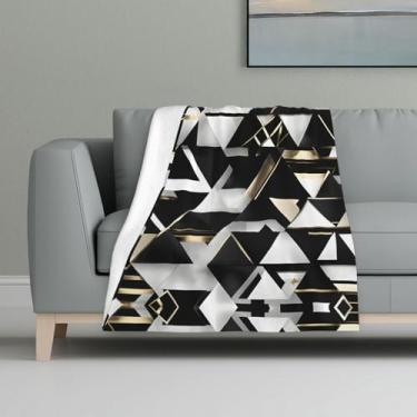 Imagem de ZTPOWQA Cobertor de flanela moderno moderno, preto, branco, dourado, triângulo, macio, quente, aconchegante para cama, sofá, viagem, acampamento, lavável, inverno, outono