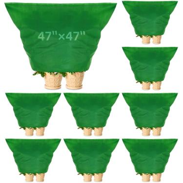 Imagem de Zhengmy 9 peças de 119 x 119 cm, coberturas de plantas, proteção contra congelamento, pano de geada de inverno, cobertores protetores de plantas reutilizáveis com cordões para proteção de congelamento de arbustos de jardim ao ar livre (verde)