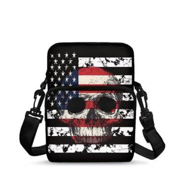 Imagem de CLOHOMIN Bolsa mensageiro pequena para mulheres e homens, bolsa para celular, carteira, bolsas pequenas da moda, pochete bolsa mensageiro, Caveira bandeira americana