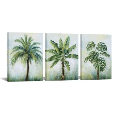 Imagem de KREATIVE ARTS Conjunto de arte de parede de plantas tropicais com 3 30 x 40,6 cm, folhas de bananeira, monstera, impressão em tela, verde, arte botânica para quarto, banheiro, cozinha, escritório