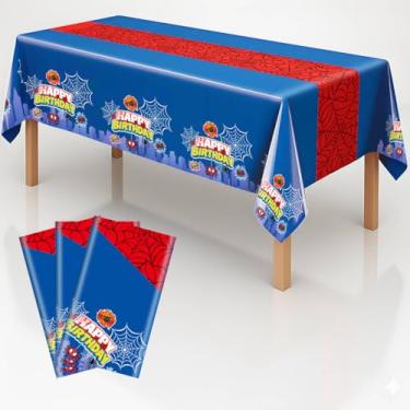 Imagem de Haydyson Toalha de mesa de plástico para festas de aniversário, capas de mesa descartáveis com temas 137 x 272 cm (aranha - pano azul, 3 peças)