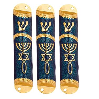 Imagem de Conjunto de 3 capas esmaltadas para porta mezuzá com símbolo messiânico judaico (azul com ouro)