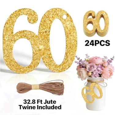 Imagem de ALISSAR 24 peças de etiquetas de ouro 60 números com barbante de juta de 32,8 m – decorações de aniversário de 60 anos, artigos de festa de 60 anos, peças centrais de pote de pedreiro, kit de embrulho