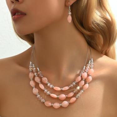 Imagem de Conjunto de colar com contas ovais e brincos de gota com aparência de pedra turquesa de três camadas para mulheres, joias boêmias elegantes, One Size, Metal Pedra, Sem Pedra Preciosa