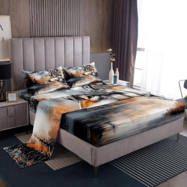 Imagem de Erosebridal Jogo de cama casal, lobo caçador, decoração de quarto de crianças e adultos, safári, vida selvagem, lençol com elástico rústico, cenário de montanha, 2 fronhas