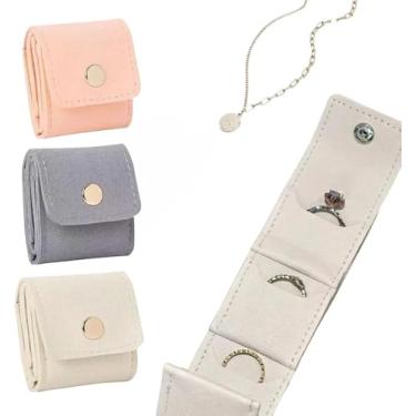 Imagem de 3 peças de rolo organizador de joias de camurça dobrável - bolsa compacta de armazenamento de anel/brincos, mini estojo de joias portátil com botão de pressão (branco/rosa/cinza)