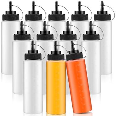 Imagem de Dandat 12 frascos de espremer condimentos para molhos, garrafas de plástico de 350 ml, com tampas, garrafa de esguicho reutilizável, recipiente de molho em escala digital visível para ketchup, óleo de