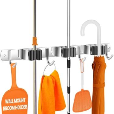 Imagem de BEMMY Suporte de Pendurar Vassoura Aço Inoxidável 304, Organizador de Vassouras,Instalação com Parafusos de Inox, Suporte para Esfregão, Pendurador de Vassoura Premium com 3Posições e 4Ganchos (38CM)