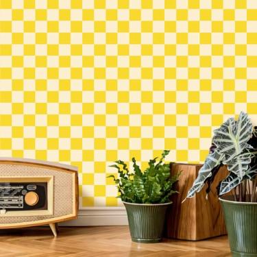 Imagem de Amiya Papel de parede quadriculado amarelo para contato com papel de parede retrô mosaico autoadesivo vinil removível para armários, forro de prateleira, quarto, 43 x 1222 cm