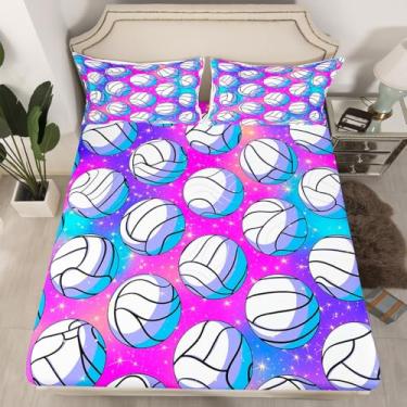 Imagem de Erosebridal Jogo de cama casal com bola de vôlei, esportes e jogos de vôlei, roxo, gradiente, preto e branco, lençol com elástico para meninos e meninas