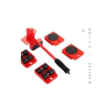Imagem de Kit Levantador de Móveis com Rodinhas, 5 Peças, Vermelho, Metal e Plástico, Suporta 150kg, Inclui Alavanca e 4 Rodinhas