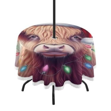 Imagem de Qilmy Toalha de mesa redonda impermeável com chapéu de vaca de Natal de 152 cm com orifício para guarda-chuva e zíper – uso externo / interno resistente para pátio, churrascos, piqueniques, festas
