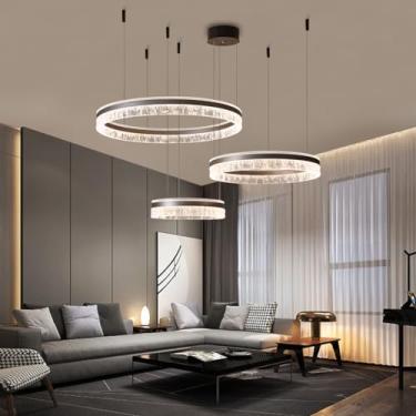 Imagem de Lustre LED para sala de estar, luminária pendente grande e moderna, dimerizável com controle remoto, luminária de teto criativa para mesa de jantar, luminária redonda de alumínio marrom com