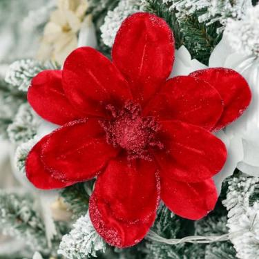 Imagem de XunYee 10 peças de flores de magnólia vermelha de Natal com purpurina, enfeites de árvore de poinsétia artificial com clipes para decoração de festa de guirlanda de Natal DIY