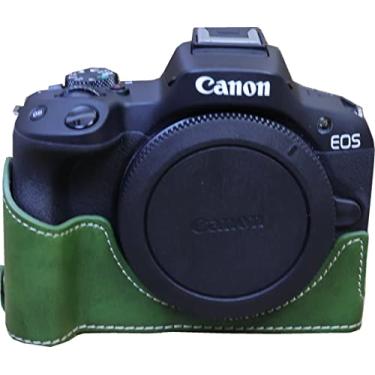 Imagem de Capa R50, capa BMAOLLONGB feita à mão de couro PU meia câmera versão abertura inferior para Canon Eos R50 com alça de mão (verde)