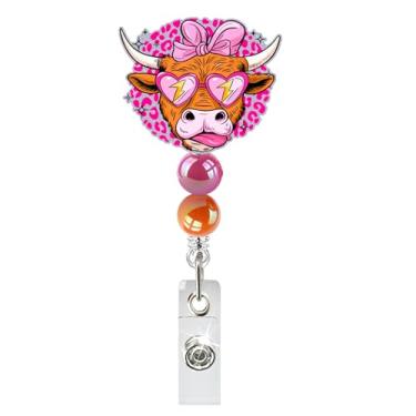 Imagem de Carretel de crachá retrátil, suporte de crachá de vaca Highland, engraçado, fofo, para decoração de dia dos namorados, clipe de crachá de vaca de acrílico, para enfermeira, professor, médico
